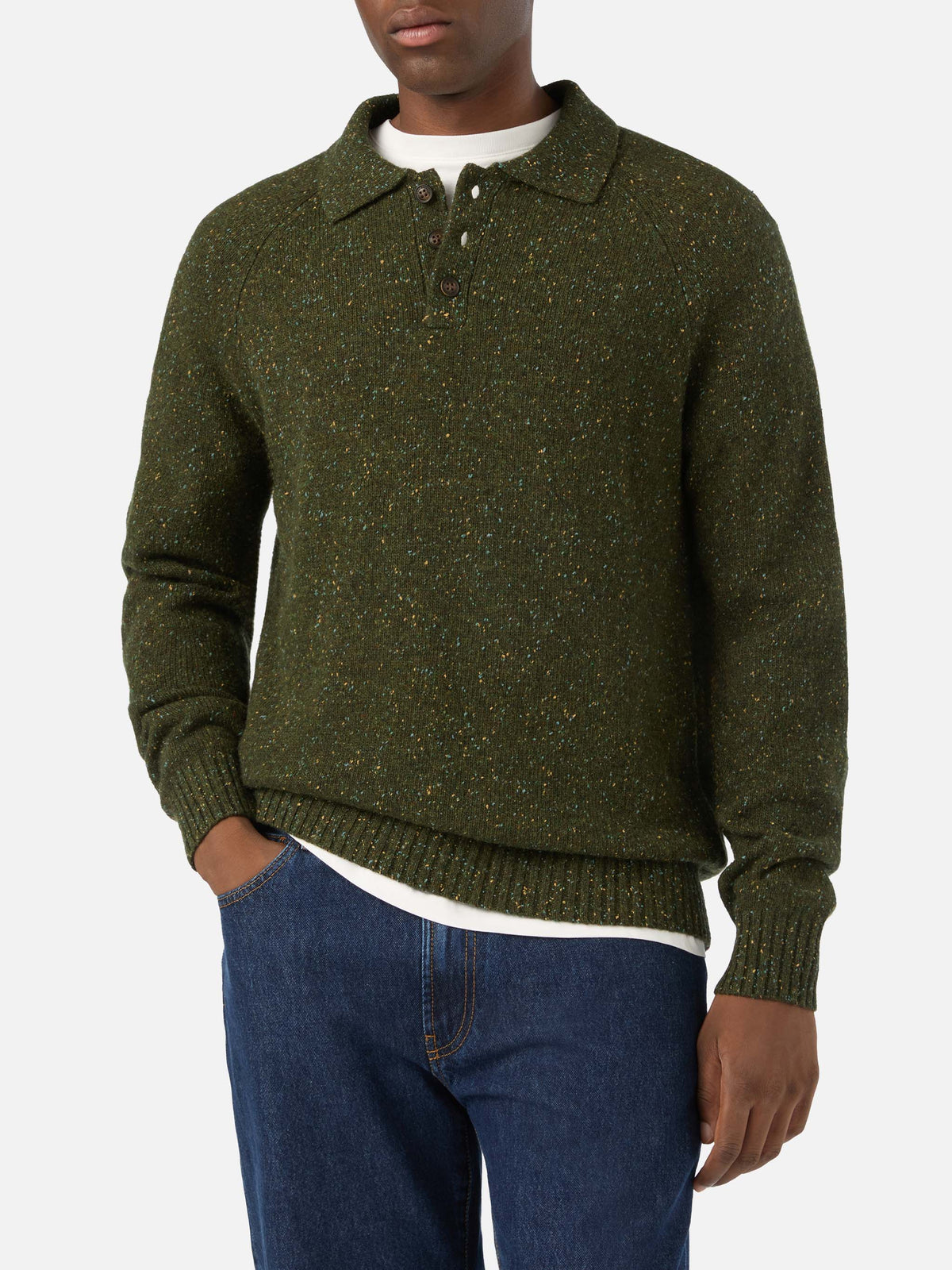 Polo in maglia Alfie verde militare in misto lana Donegal