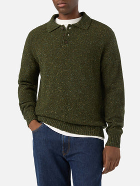 Polo in maglia Alfie verde militare in misto lana Donegal