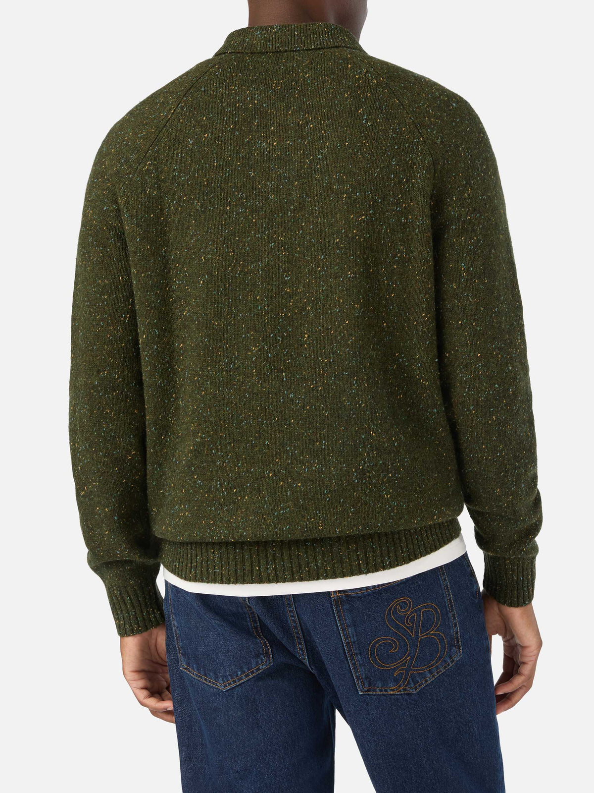Polo in maglia Alfie verde militare in misto lana Donegal