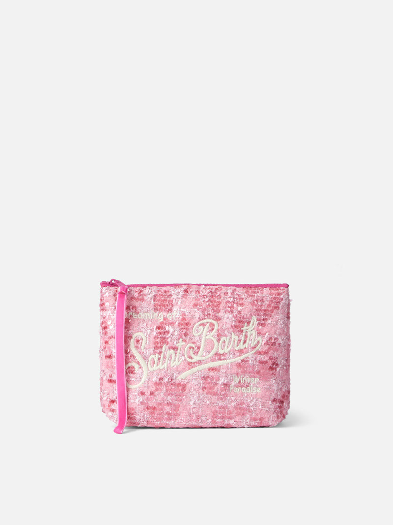 Pink tweed pochette Aline with logo embroidery