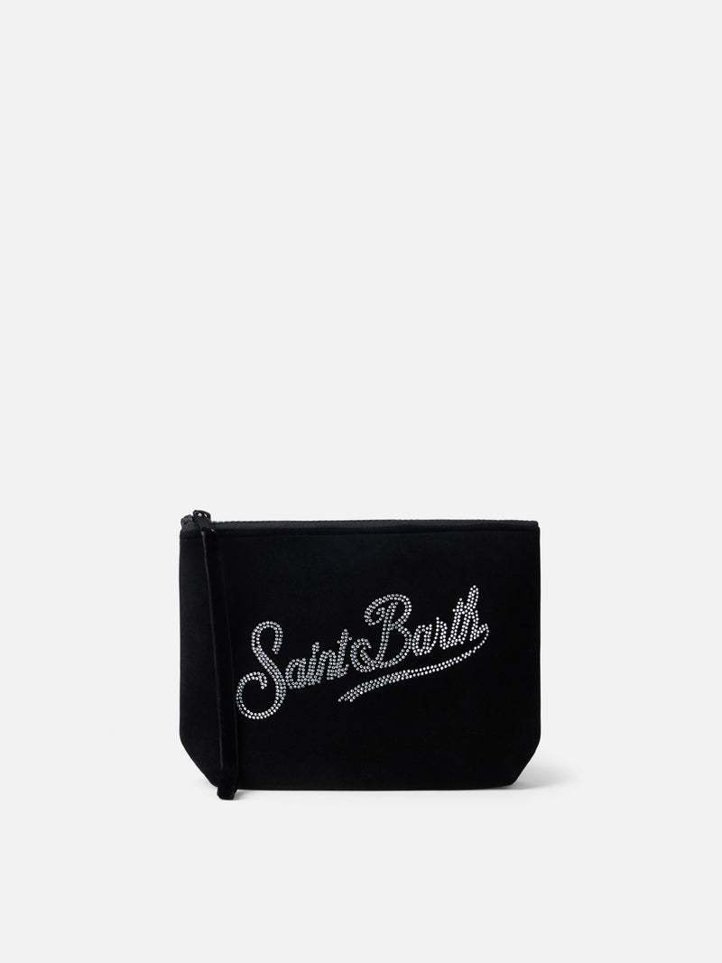 Black velvet pochette Aline with rhinestones logo