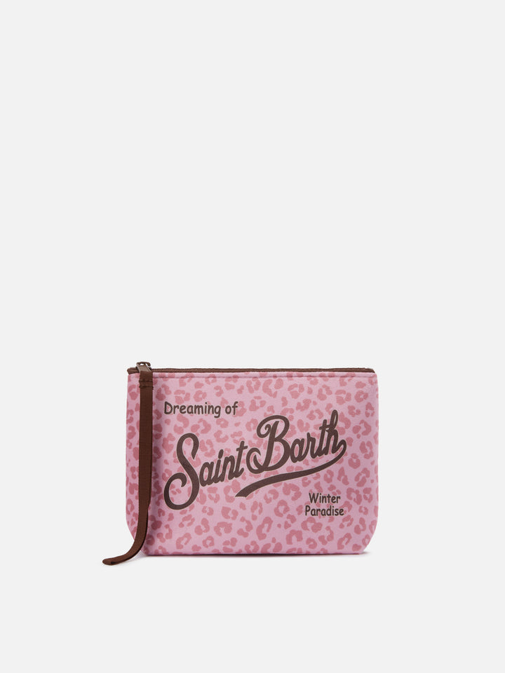 Aline Pouch in wool-effect fabric with pink leopard print
