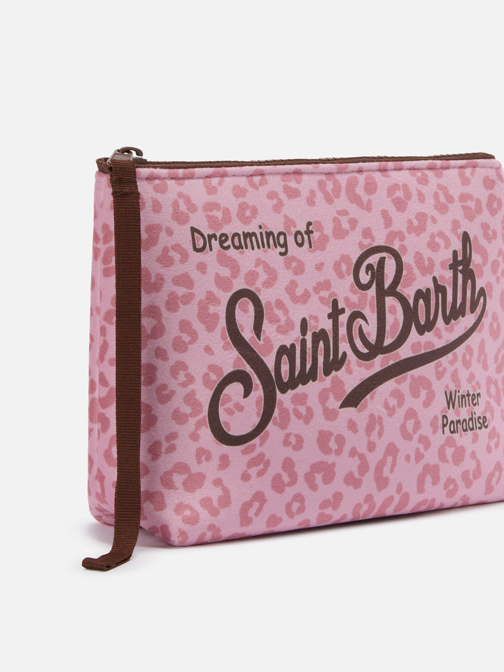 Aline Pouch in wool-effect fabric with pink leopard print