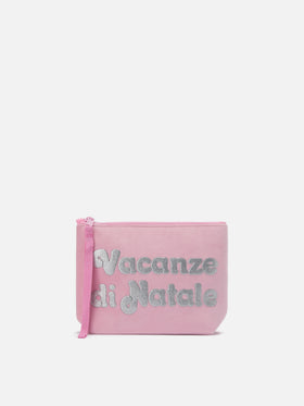 Aline-Pouch aus rosafarbenem Wollimitat mit Weihnachtsmotiv | VACANZE DI NATALE SPECIAL EDITION