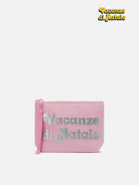 Aline Pouch in pink wool-effect fabric with Christmas Vacation print | VACANZE DI NATALE SPECIAL EDITION
