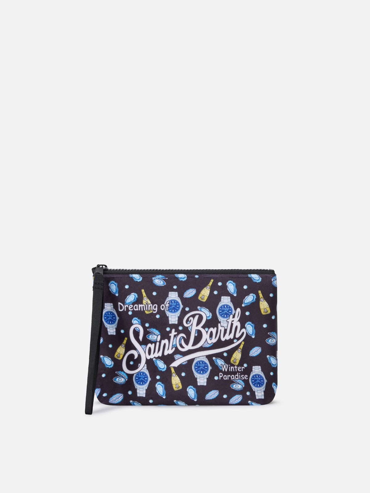 Pochette Aline nera con stampa ostriche e orologi