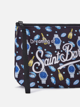 Pochette Aline nera con stampa ostriche e orologi