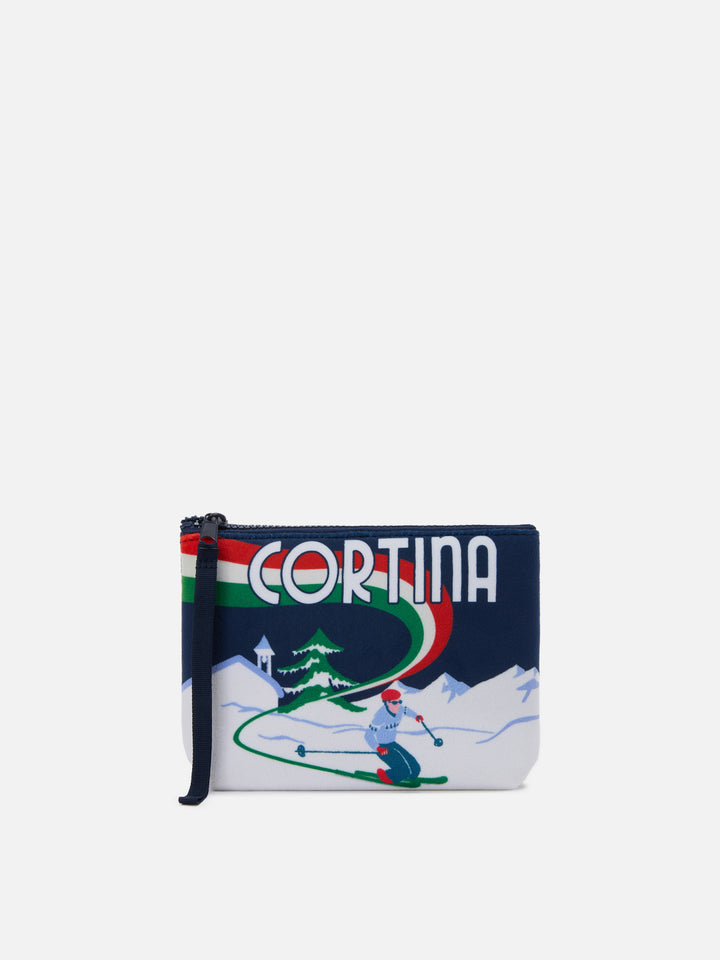 Aline-Pouch aus Stoff in Wolloptik mit Cortina-Skifahrer-Print