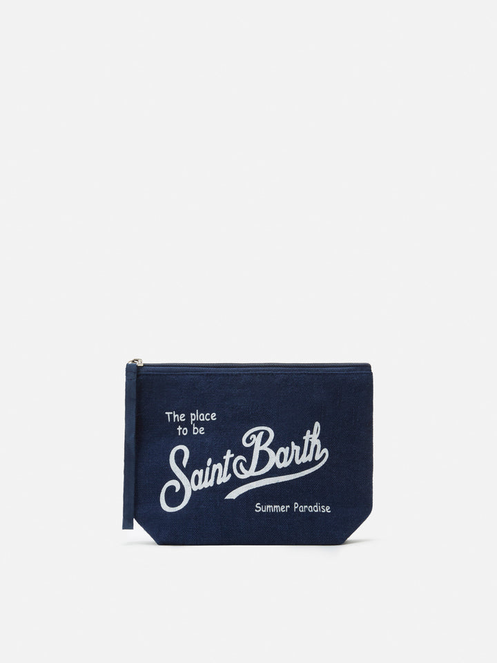 Pochette Aline in lino blu navy tinta unita 