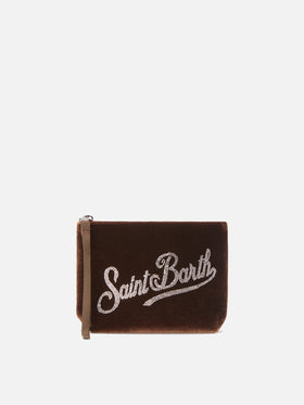 Aline Samtbeutel aus kamelfarbenem Samt mit Strasssteinen