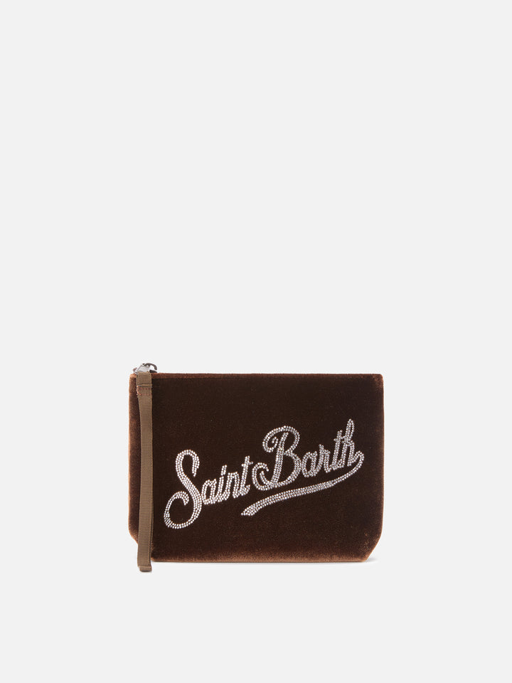 Aline Samtbeutel aus kamelfarbenem Samt mit Strasssteinen