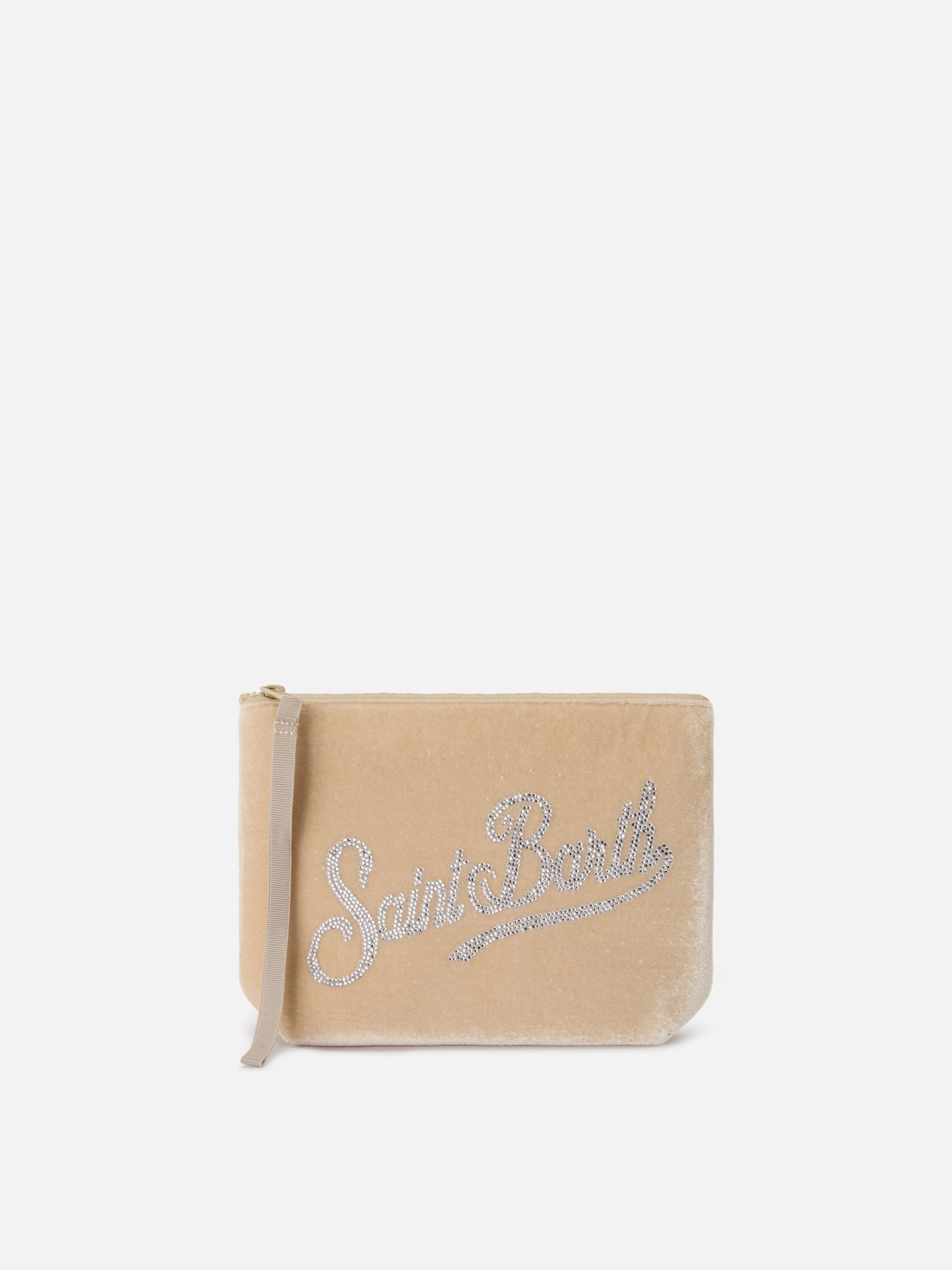 Pochette Aline in scuba effetto velluto beige con logo strass