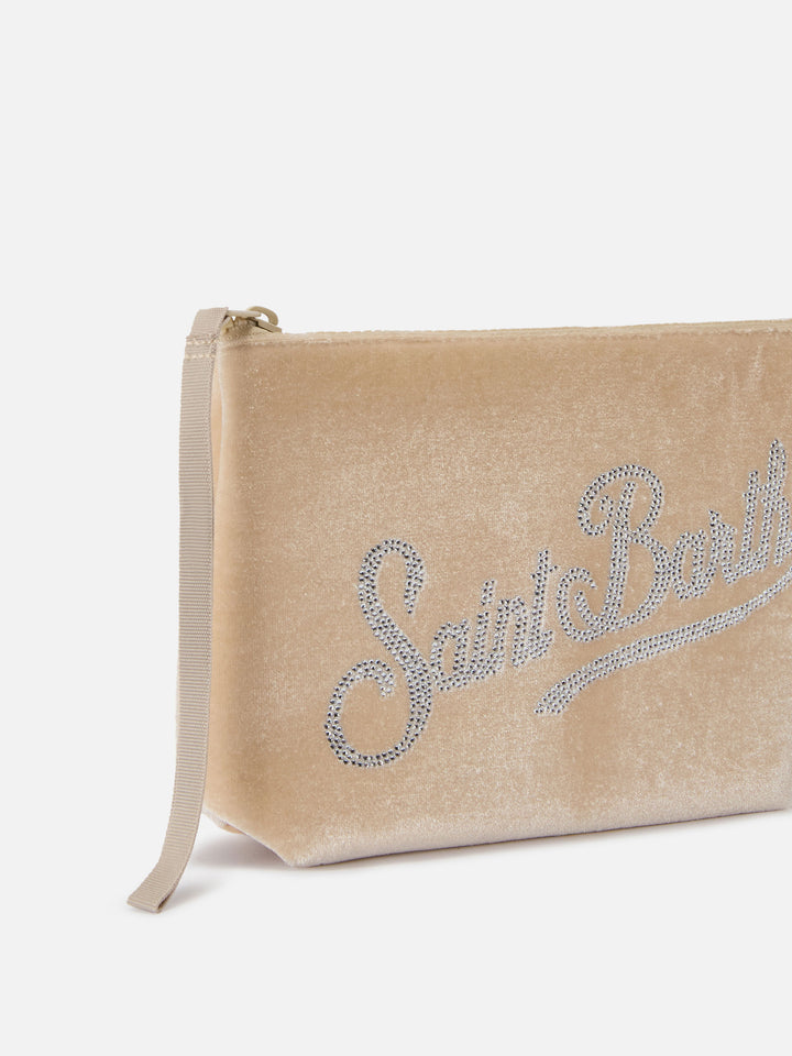 Pochette Aline in scuba effetto velluto beige con logo strass