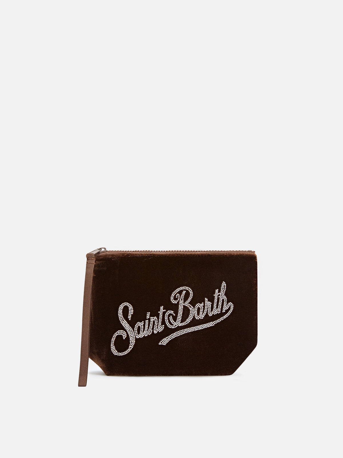 Pochette Aline bronzo in velluto con logo in strass