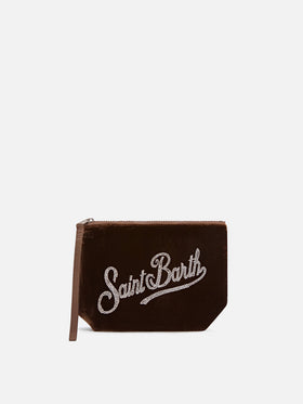 Pochette Aline bronzo in velluto con logo in strass