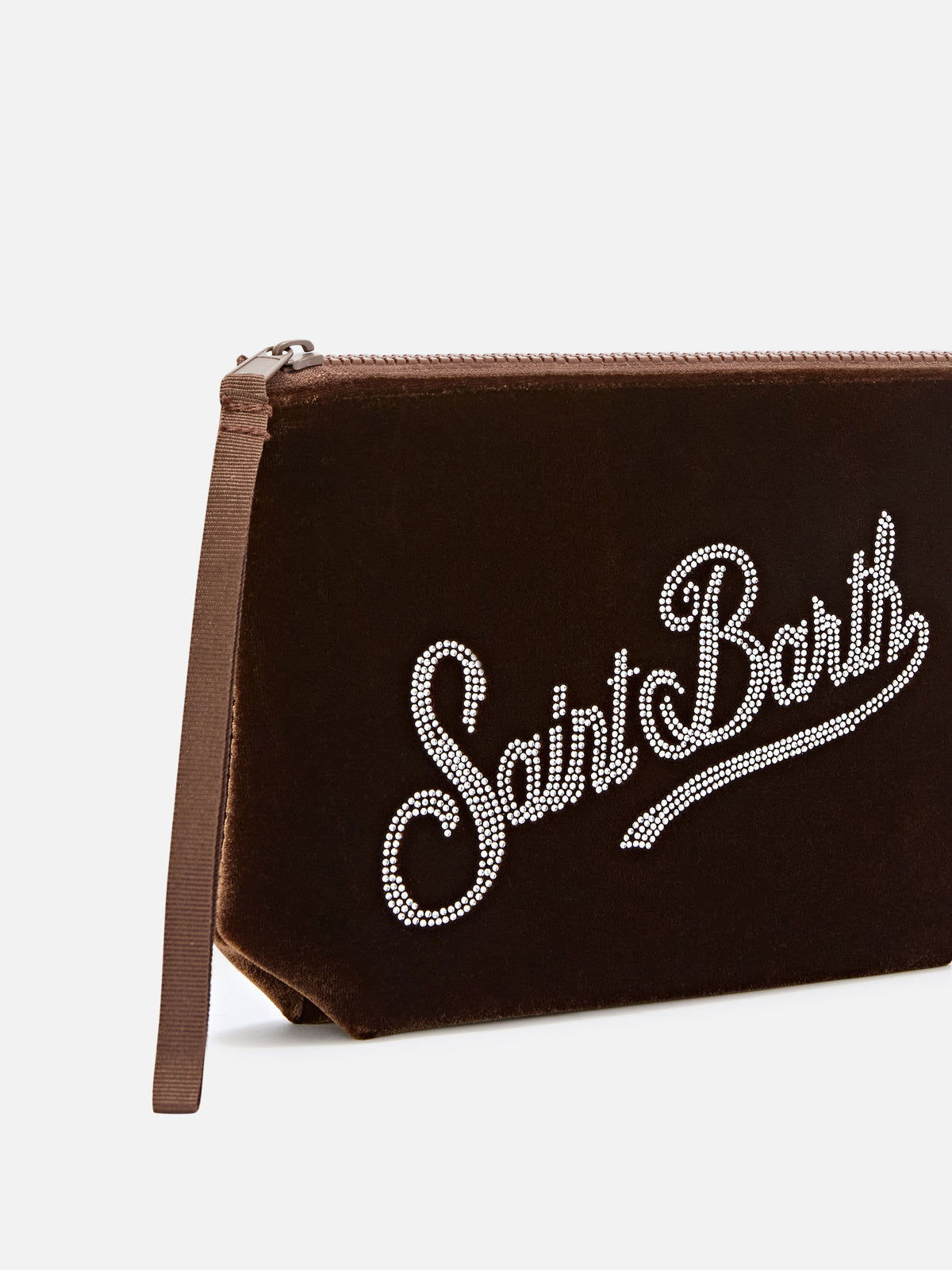 Pochette Aline bronzo in velluto con logo in strass