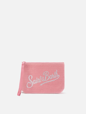 Pochette Aline rosa in velluto con logo in strass