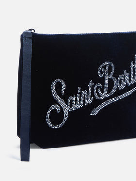 Pochette Aline in scuba effetto velluto blu con logo strass