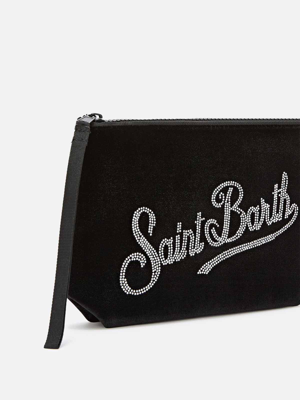 Black Aline velvet pochette with rhinestone logo