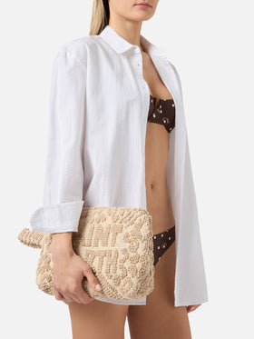 Pochette Aline in cotone beige con ricamo tufting
