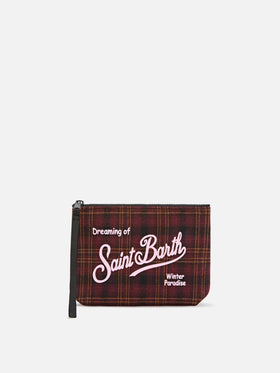 Pochette Aline in misto lana con motivo tartan e ricamo logo