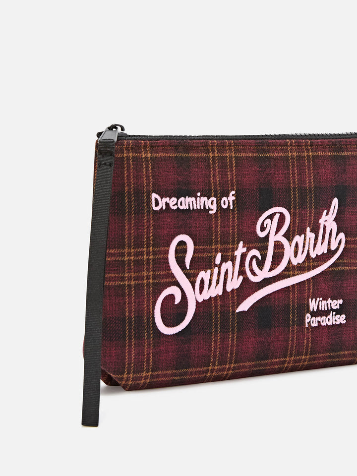 Aline wool blend pochette with tartan pattern and logo embroidery