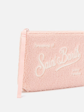 Pink Aline teddy pochette with logo embroidery