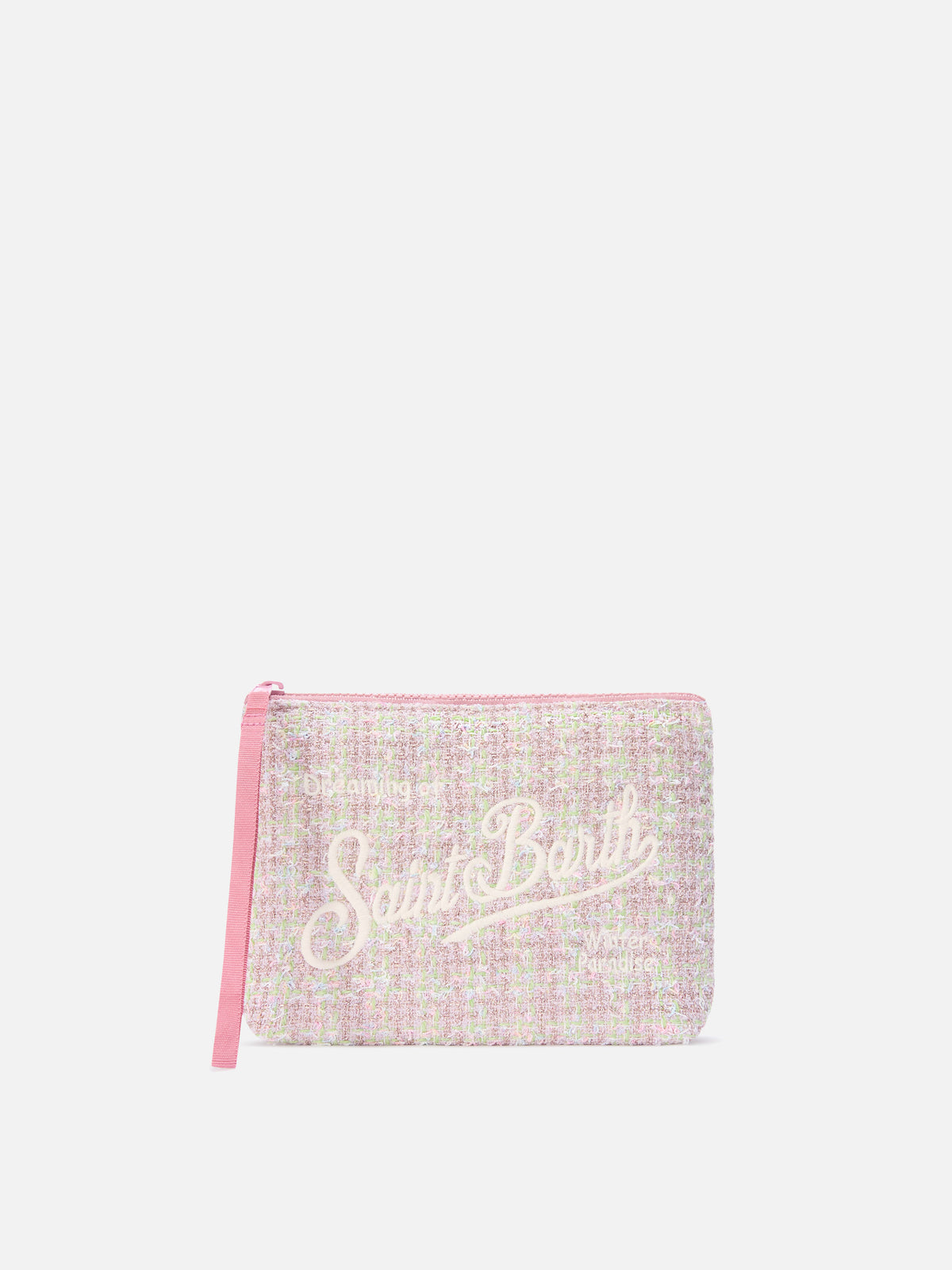 Pink Aline tweed pochette with lurex logo embroidery