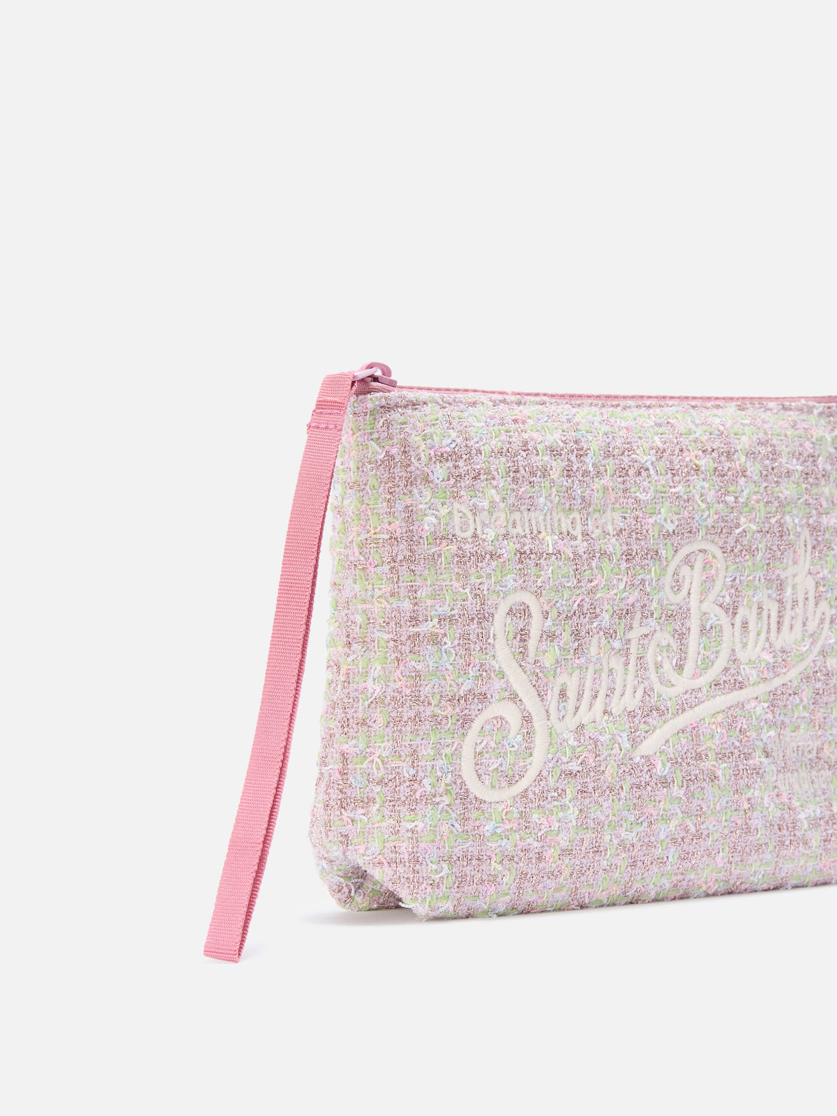 Pink Aline tweed pochette with lurex logo embroidery