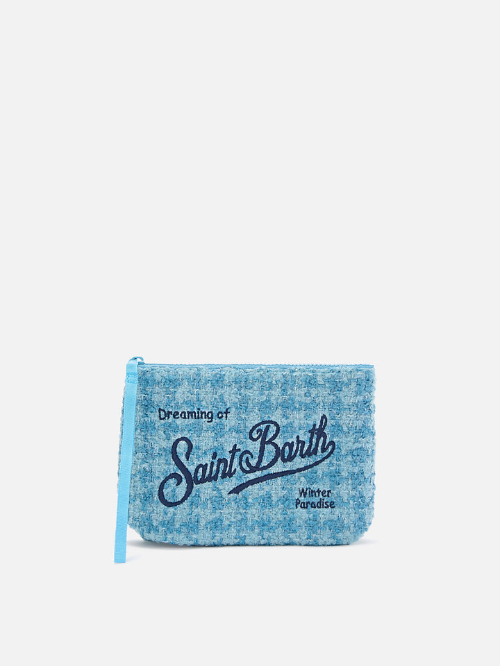 Light blue Aline tweed pochette with logo embroidery