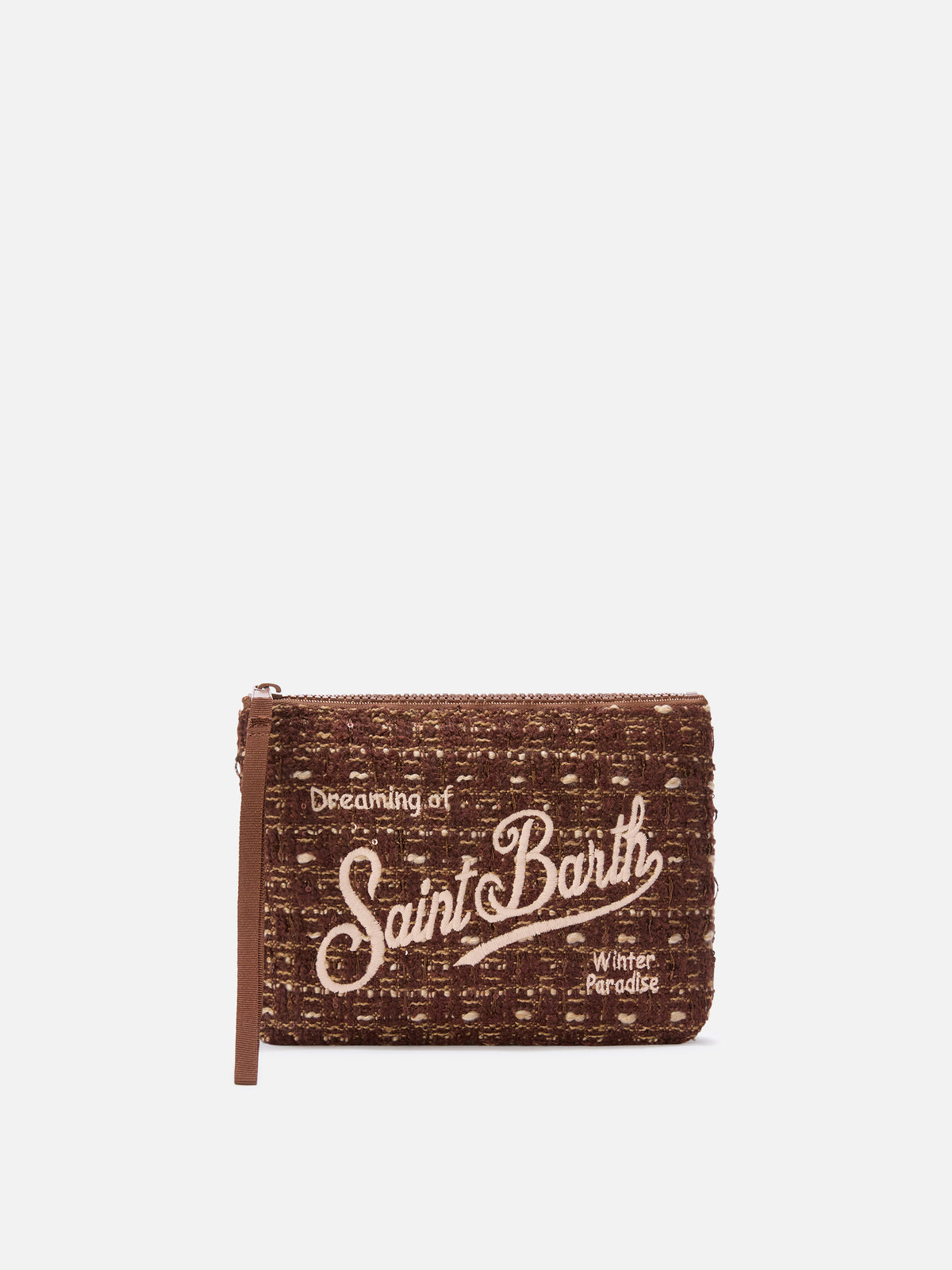 Pochette Aline marrone in tweed con ricamo logo