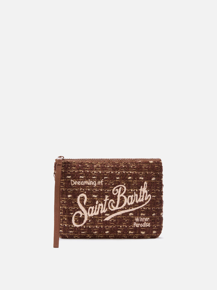 pochette en tweed marron Aline avec broderie logo 