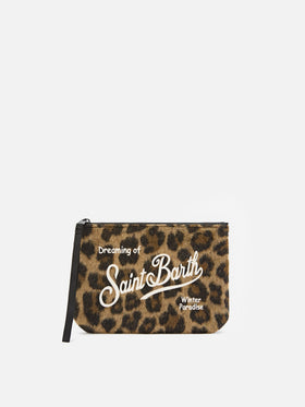 {{c3169e952e440495d1bdcca6e4a0d}} Filz pochette mit Leopardenprint und Logostickerei 