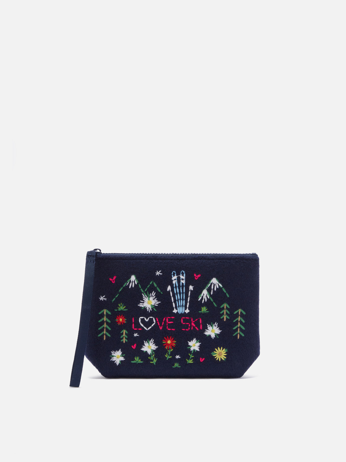 Navy blue Aline felt pochette with embroidered flowers and hearts