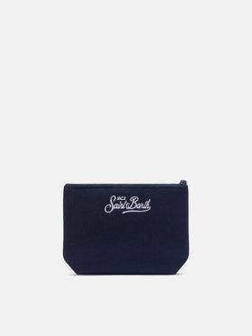 Navy blue Aline felt pochette with embroidered flowers and hearts