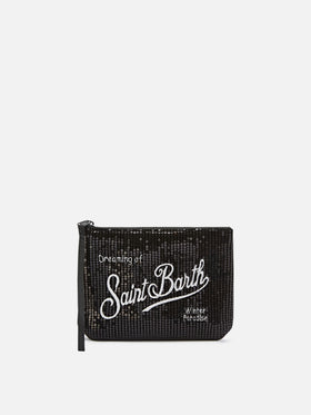 pochette de terciopelo negro Aline con lentejuelas y bordado del logotipo 