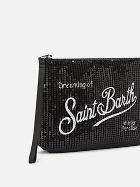 pochette de terciopelo negro Aline con lentejuelas y bordado del logotipo 