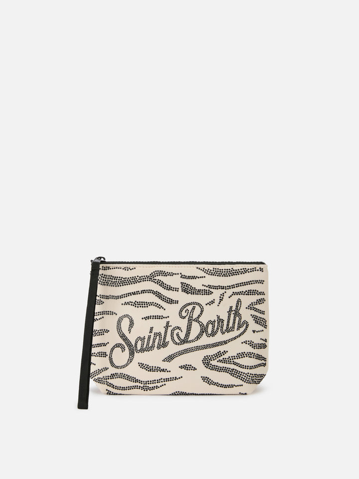 Aline scuba pouch with zebra print and applied rhinestones