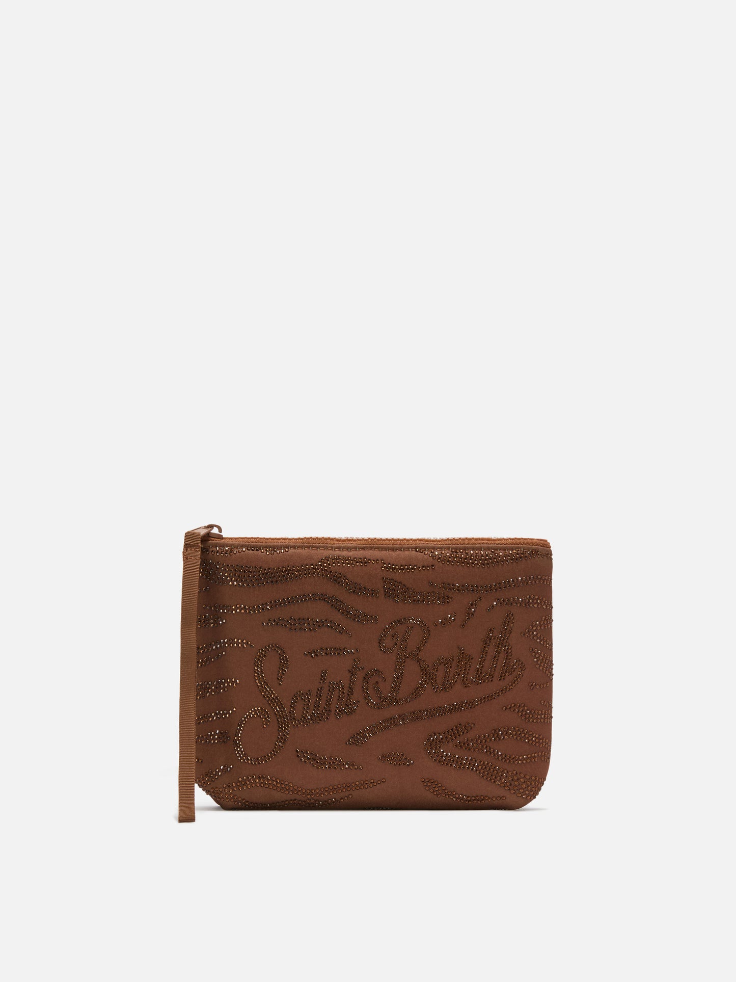 Pochette Aline in scuba marrone con stampa zebrata e strass applicati