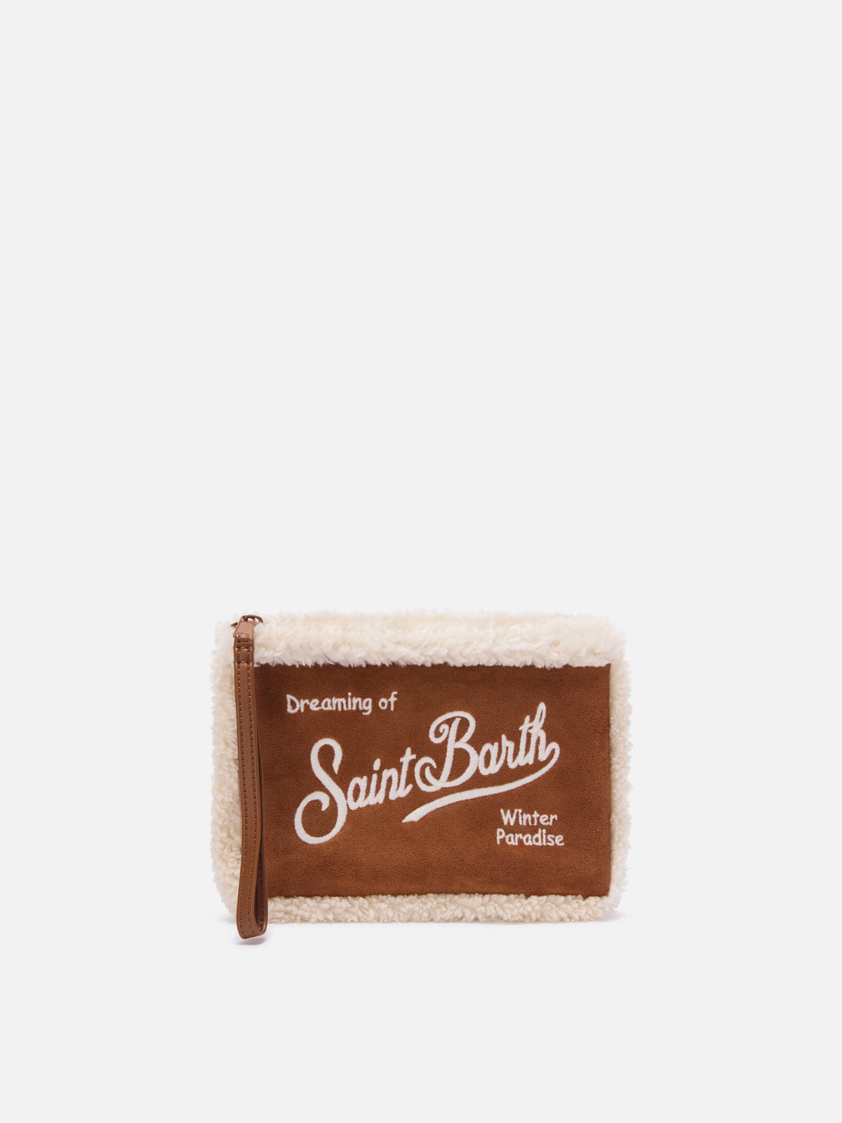 pochette en fausse peau lainée marron Aline avec logo brodé 