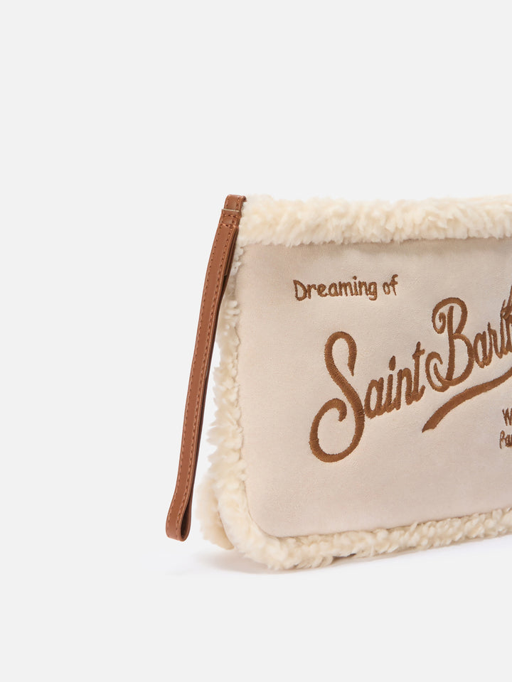 Aline Shearling-Pouch aus Sherpa- und beigem Wildlederimitat