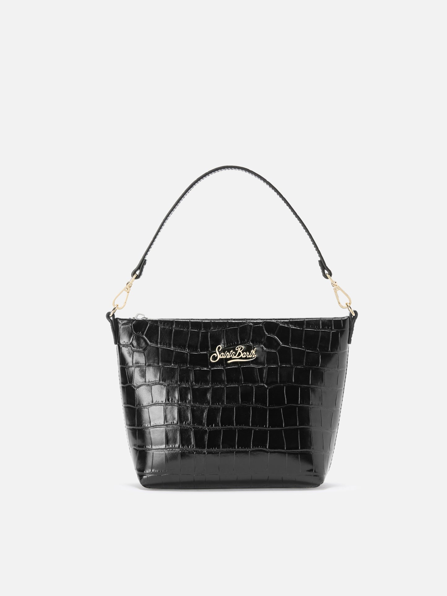 Aline Shoulder Bag in crocodile-print black leather