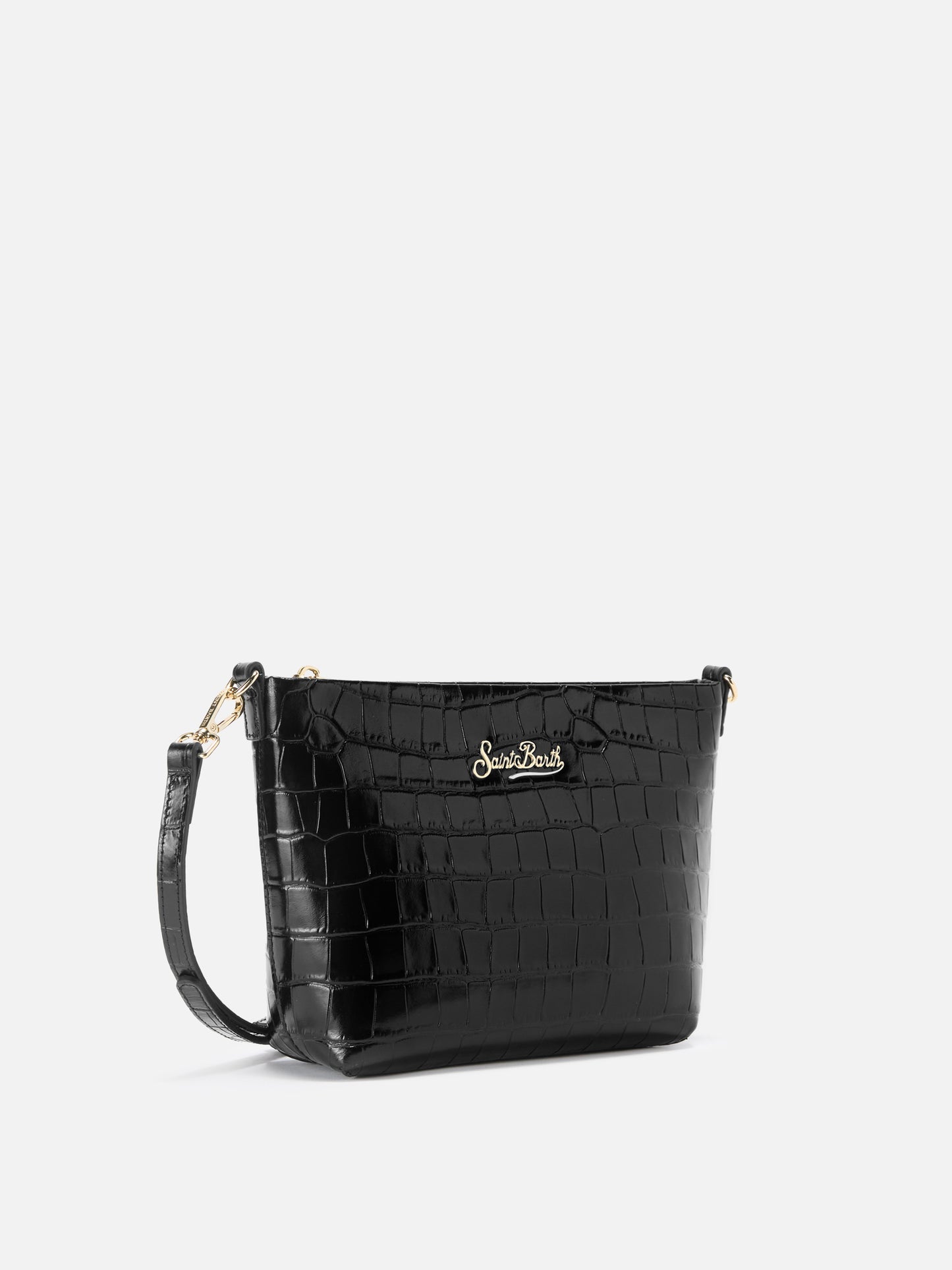 Aline Shoulder Bag in crocodile-print black leather