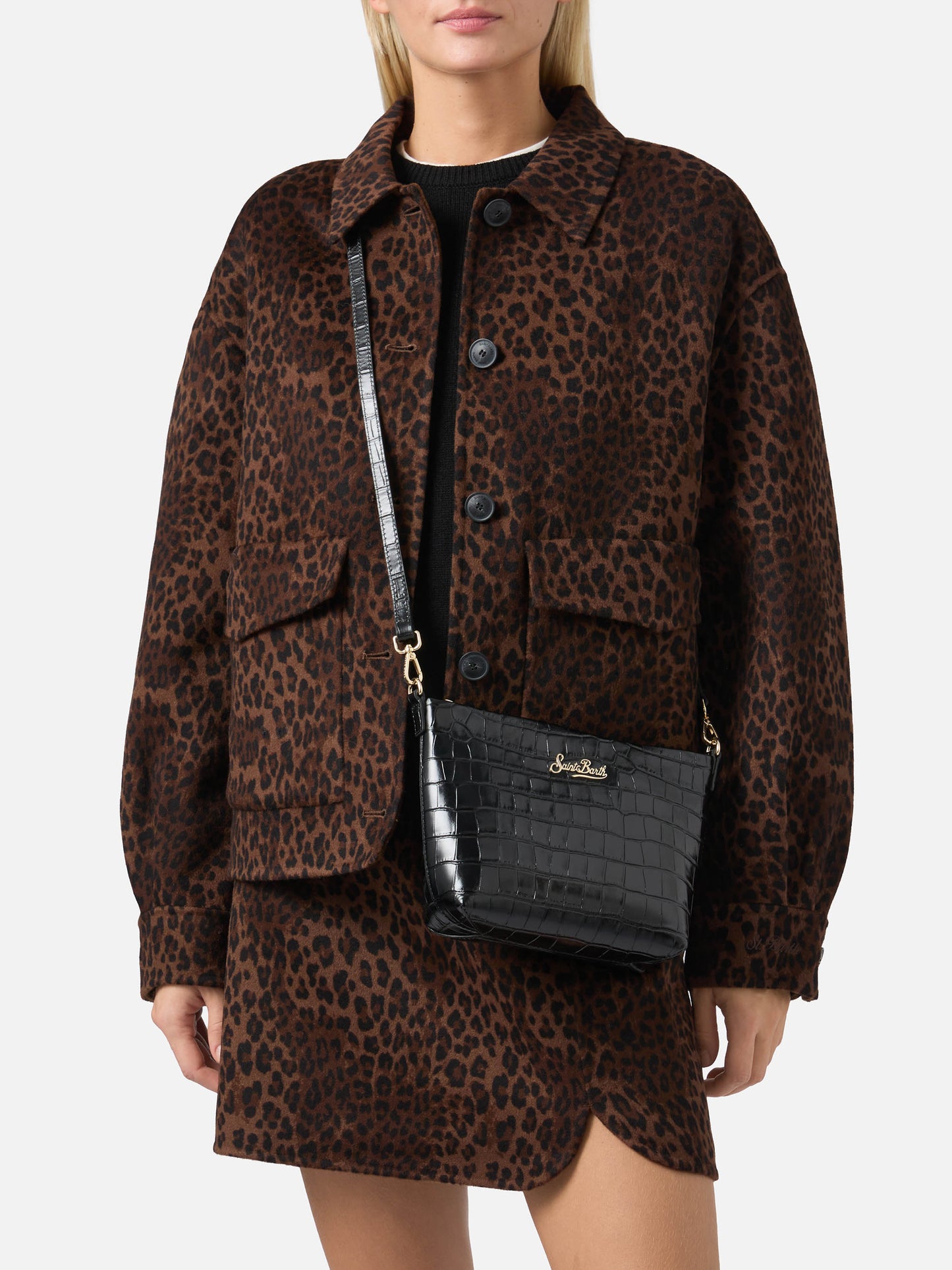 Aline Shoulder Bag in crocodile-print black leather