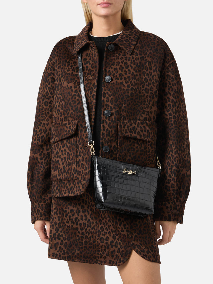 Borsa a spalla Aline Bag in pelle stampa cocco nera