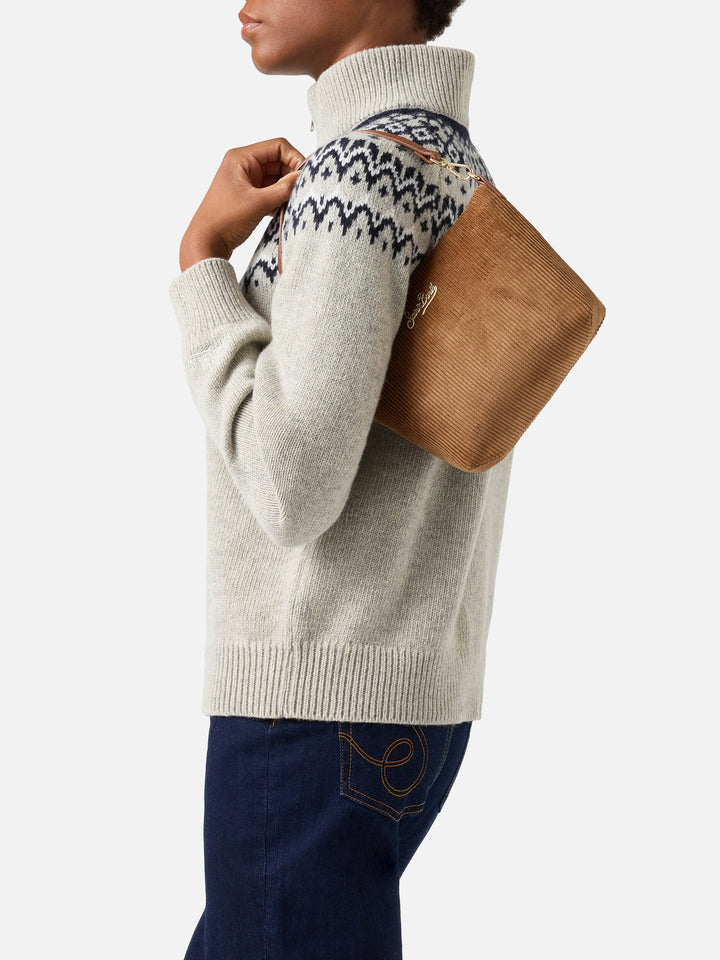 Bolso de hombro de terciopelo marrón Aline con asas de piel 