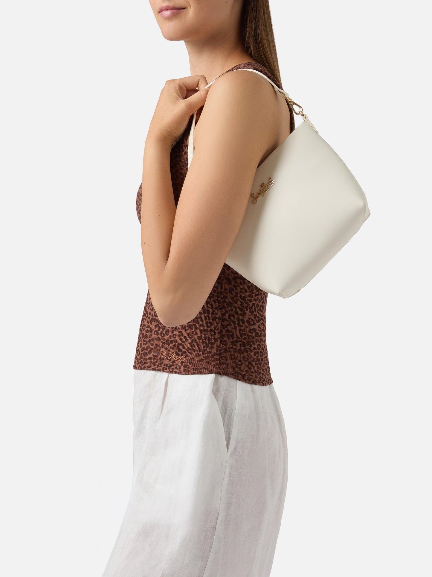 Borsa Aline in pelle liscia bianca con placchetta logo