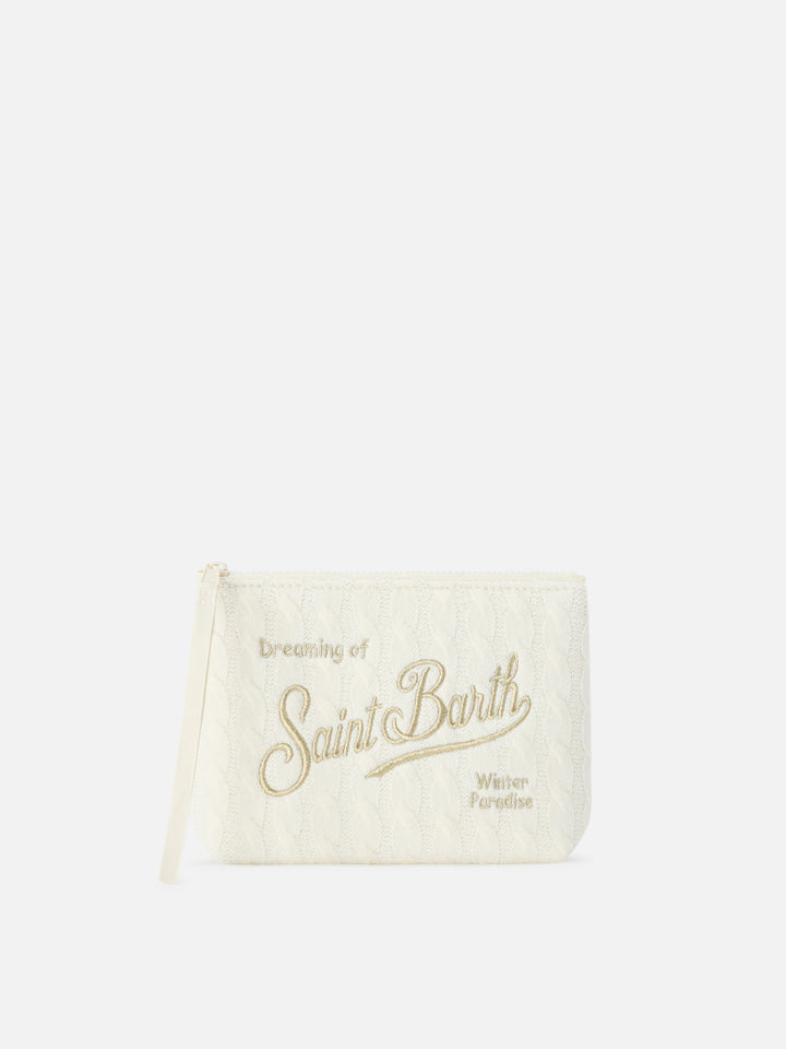Pochette Aline off white in tricot con ricamo logo