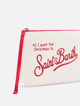 Suéter de punto pochette color off white Aline con bordado Merry Christmas 
