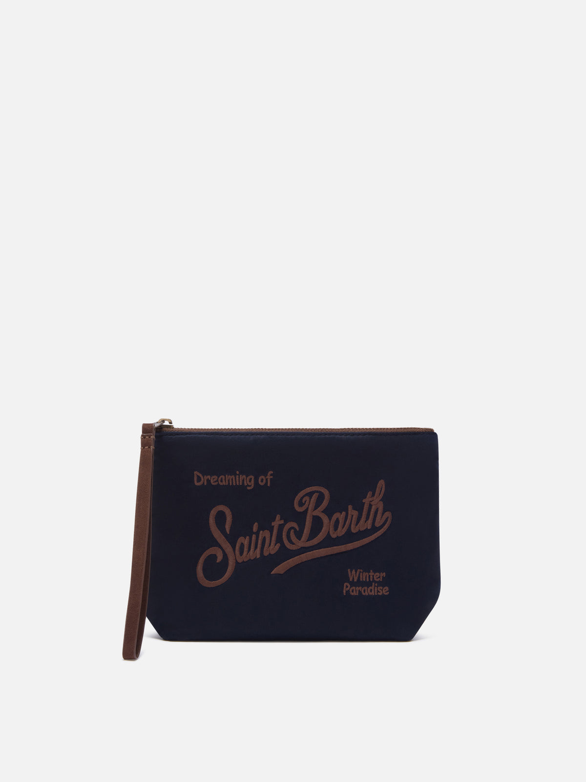 Marineblauer blue Aline aus gewachstem pochette mit Logostickerei 